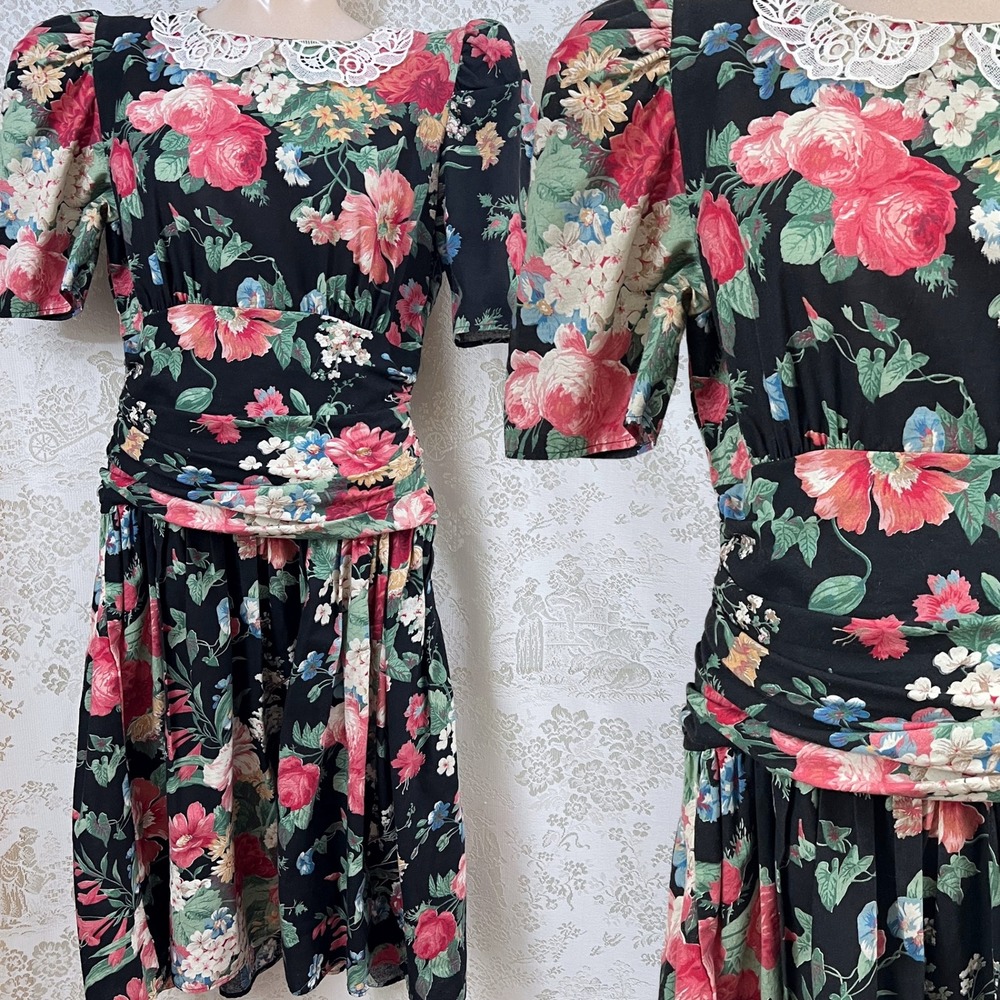 Maggie Lawrence Dress Cottagecore Black Floral Puff Sleeve Lace Peter Pan Collar